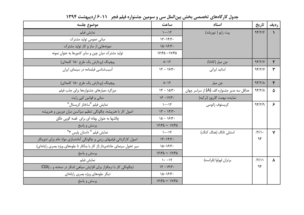 جدول کارگاه های تخصصی بخش بین الملل جشنواره فیلم فجر